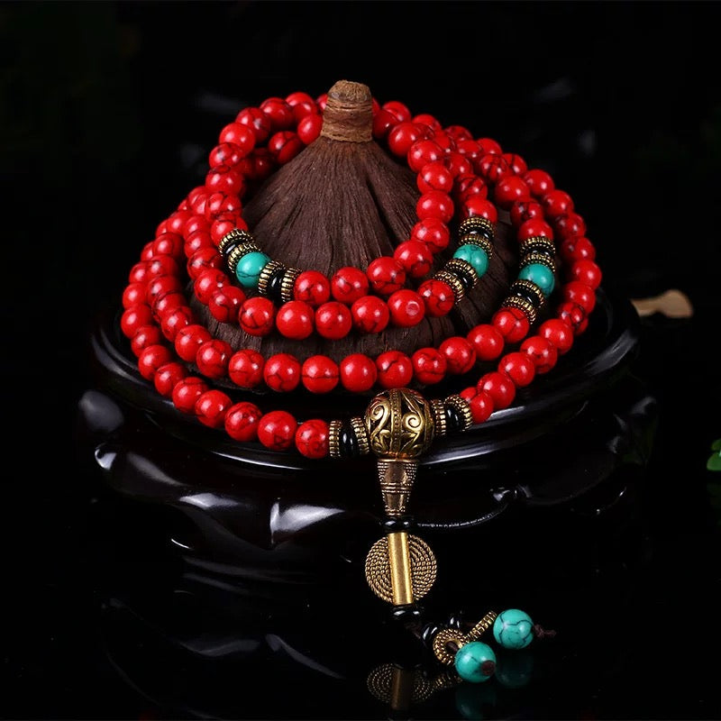 🔴 Buddha Bloom | Tibetan Red & Turquoise Protection Mala