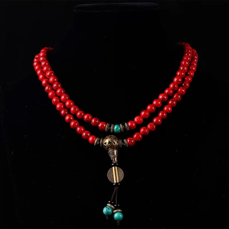 🔴 Buddha Bloom | Tibetan Red & Turquoise Protection Mala