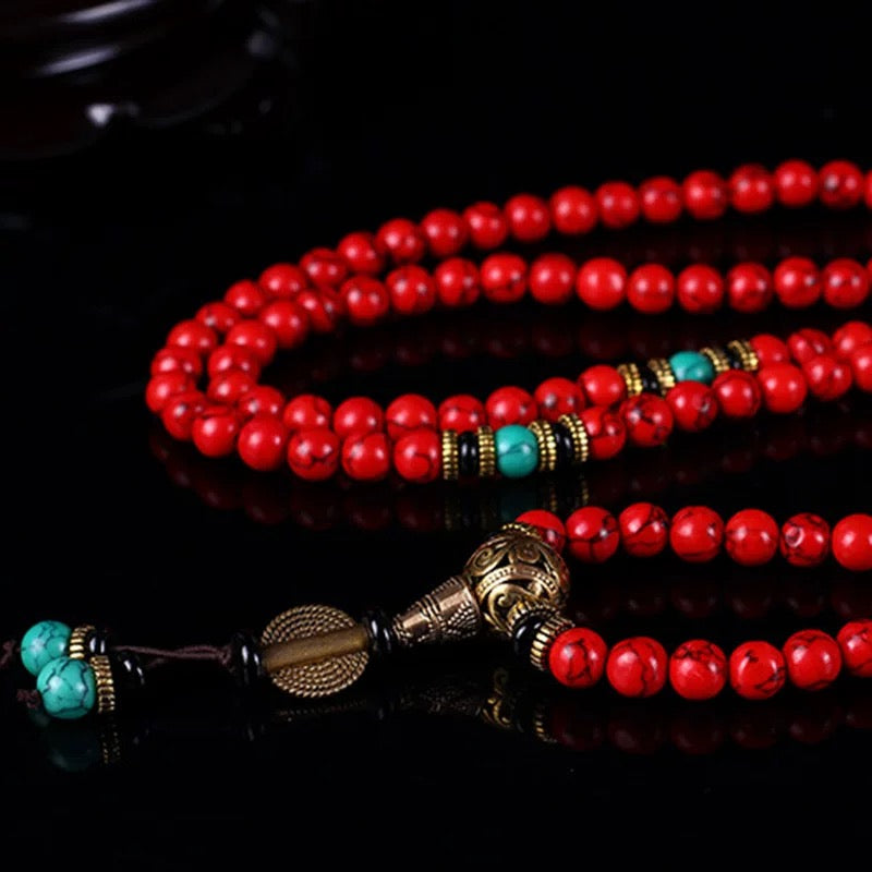 🔴 Buddha Bloom | Tibetan Red & Turquoise Protection Mala