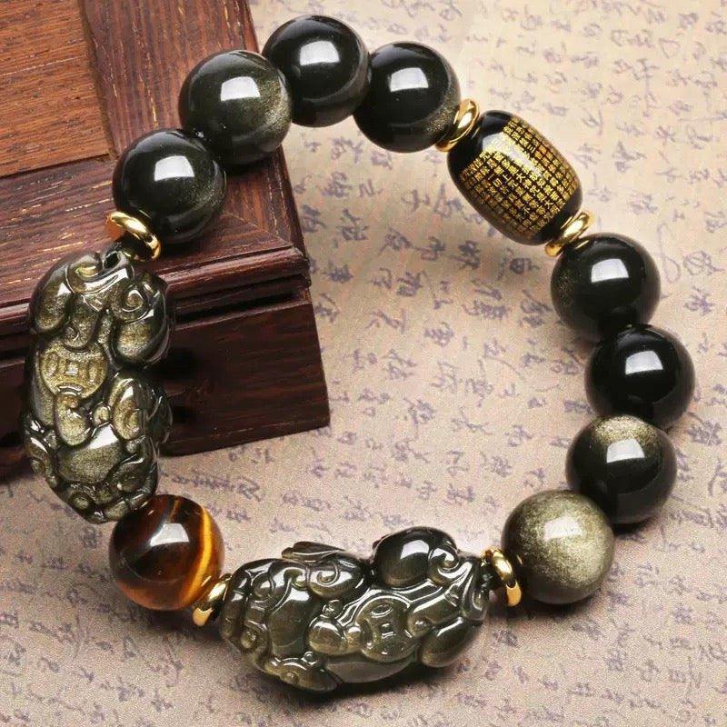 🪙 | Buddha Bloom | Natural Gold Obsidian Double Pixiu Bracelet