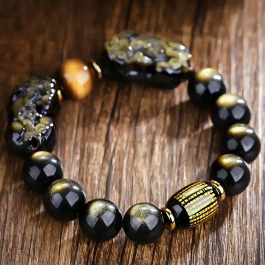 Natural Gold Obsidian Double Pixiu Bracelet — detail closeup
