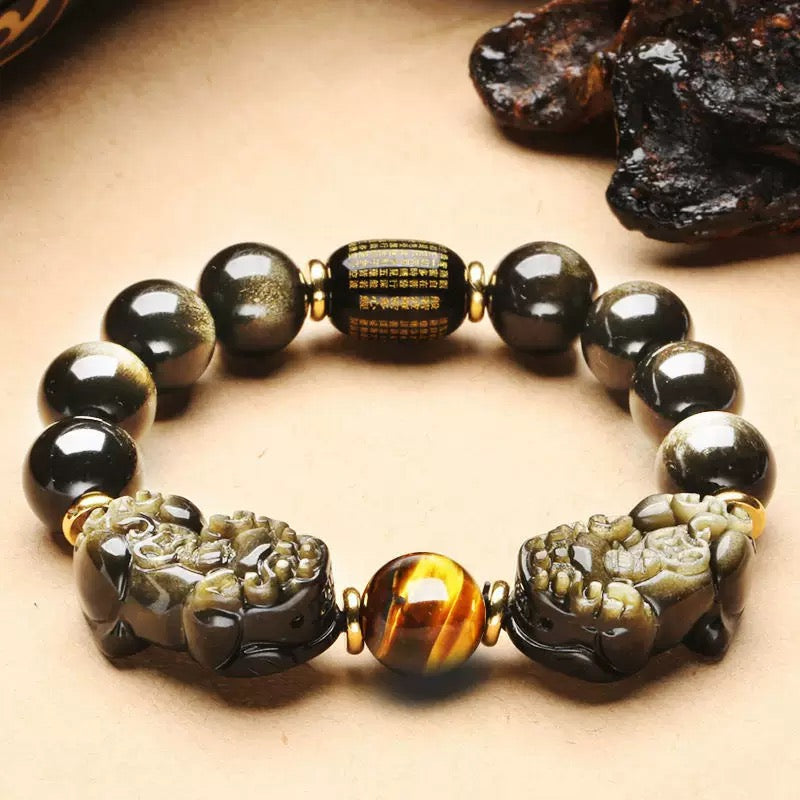 🪙 | Buddha Bloom | Natural Gold Obsidian Double Pixiu Bracelet