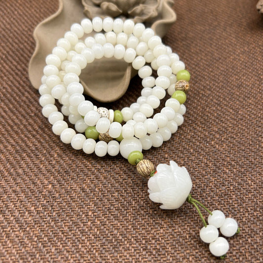 🪷 | Buddha Bloom | White Jade Bodhi Lotus Mala