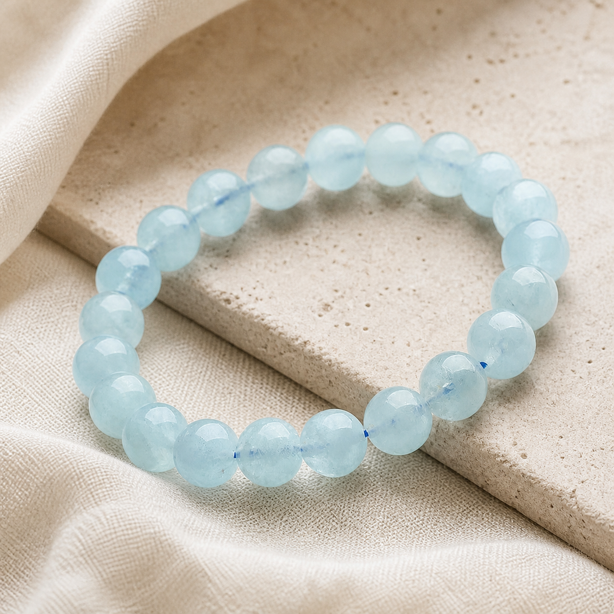 Aquamarine bracelet full loop on ivory linen