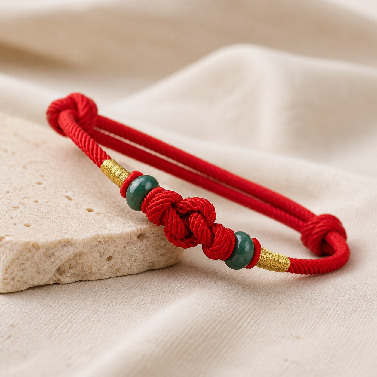 Red string jade bracelet angled detail on cream linen