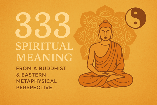 Illustration of 333 spiritual meaning from a Buddhist and Eastern metaphysical perspective, featuring a meditating Buddha, mandala, lotus, and Yin-Yang symbol on a golden background.