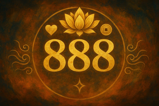 888 angel number in a mystical setting, symbolizing abundance, karma, and divine balance in Eastern spiritual style