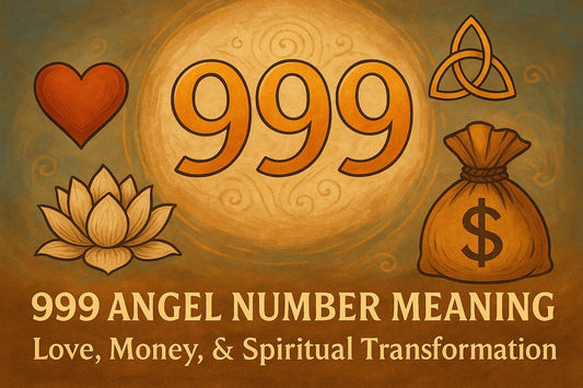 999 angel number meaning with symbols of love, money, and spiritual transformation in a mystical Eastern style