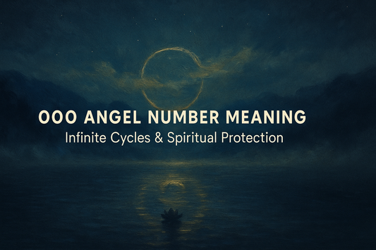 000 angel number meaning cover — infinite cycles and spiritual protection, indigo lake with golden halo, Buddha Bloom
