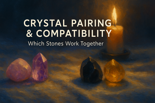 Crystal pairing and compatibility guide cover — glowing crystals under candlelight, Buddha Bloom