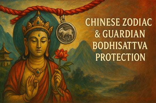 Thick-painted mystical Eastern illustration of Chinese Zodiac symbols and guardian Bodhisattvas, with spiritual red rope elements, serene mountains, and golden light in the background.