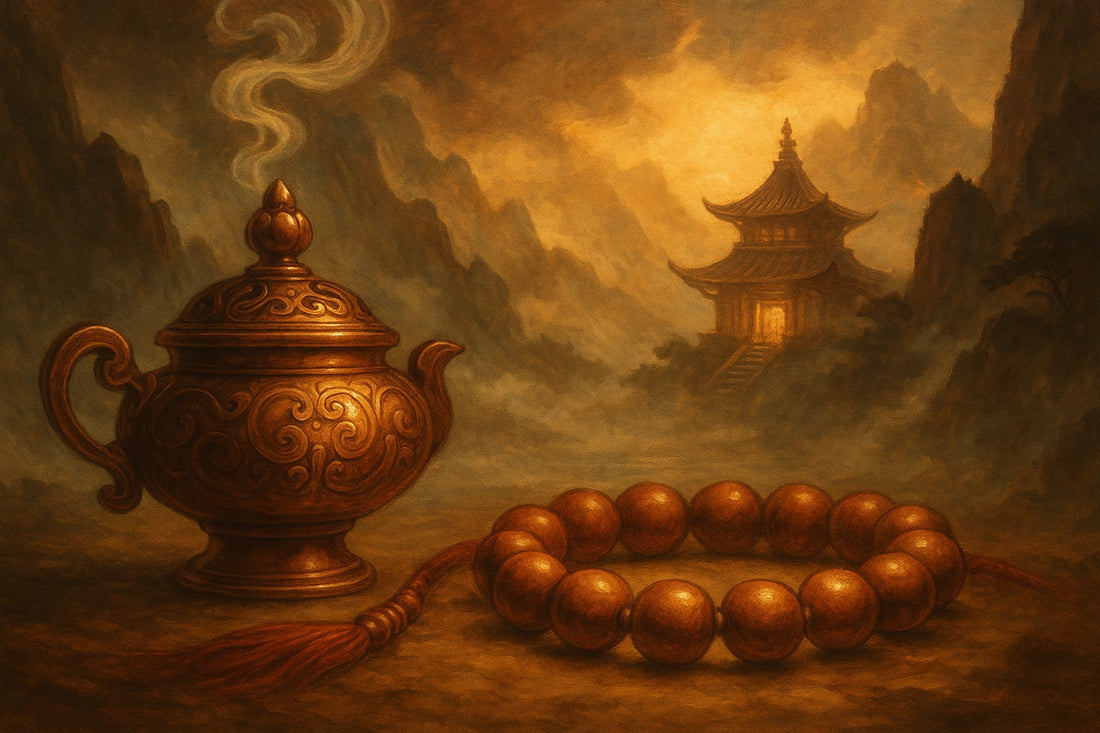 Thick-painted Tibetan-inspired scene with a copper censer, beaded bracelet, and misty mountain temple at dusk