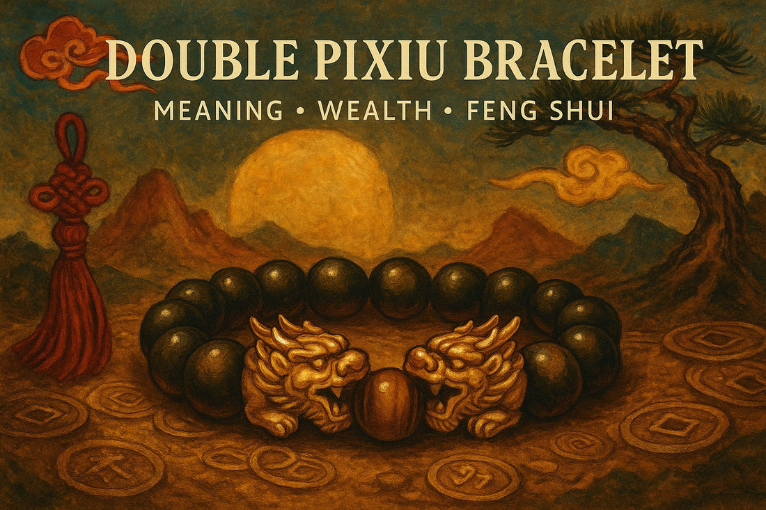 Traditional painting of a Double Pixiu wealth bracelet made of gold obsidian, surrounded by Chinese coins, mountains, pine trees, and warm sunlight, symbolizing Feng Shui prosperity and protection.