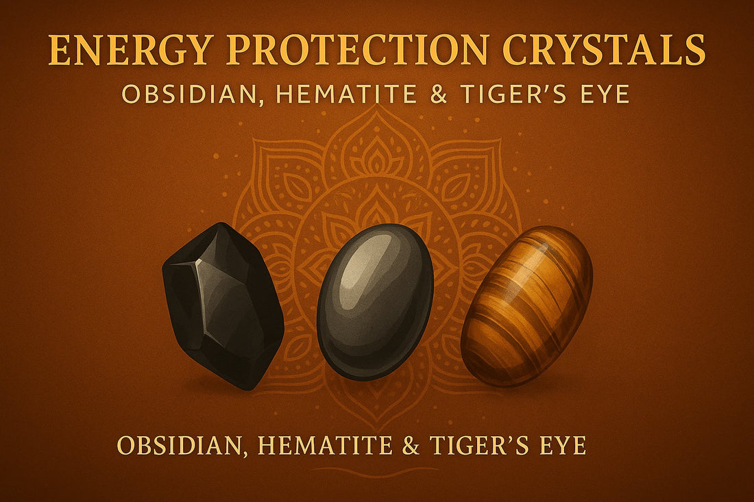 Thick-painted Tibetan mystical art depicting protective crystals such as black obsidian, hematite, and tiger’s eye, symbolizing energy shielding and spiritual grounding.