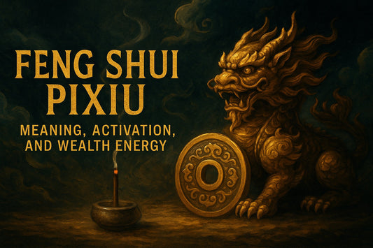 Traditional Feng Shui Pixiu illustration with flowing golden energy, misty mountains, and soft oriental lighting, symbolizing wealth and protection energy.