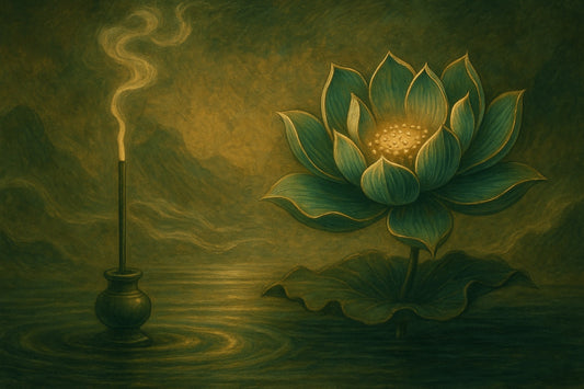 Thick-painted mystical scene with a blooming lotus and incense on tranquil water, symbolizing sandalwood’s spiritual energy in Eastern tradition