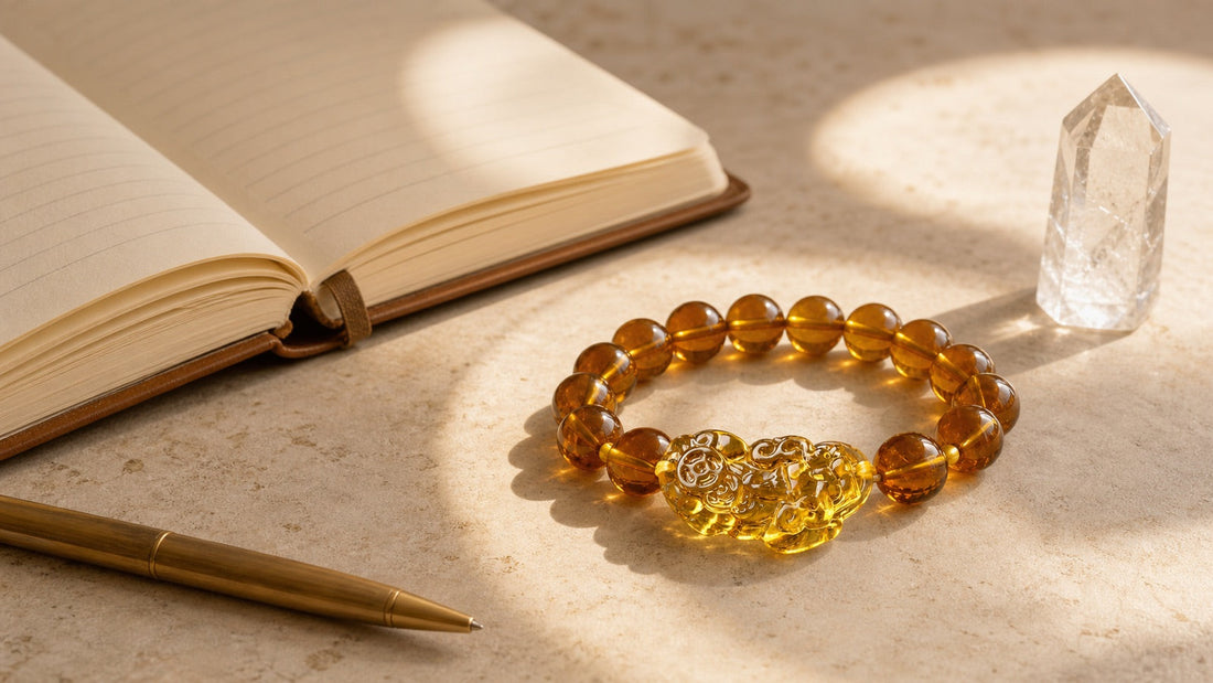Citrine Pixiu bracelet beside a blank intention journal and clear quartz in morning light