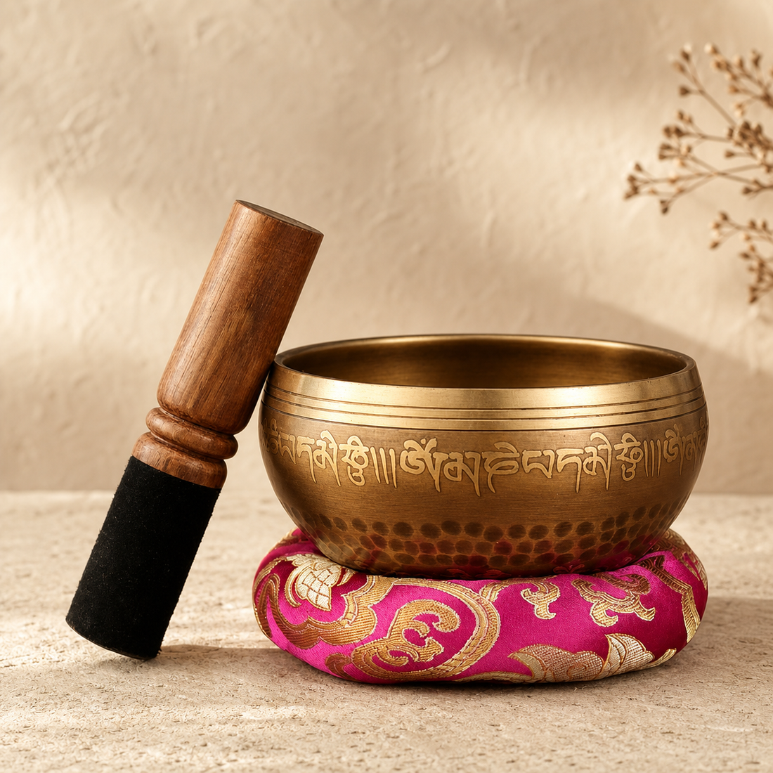 Six-Syllable Mantra Singing Bowl Set with striker, used to illustrate a singing bowl for a personal meditation practice