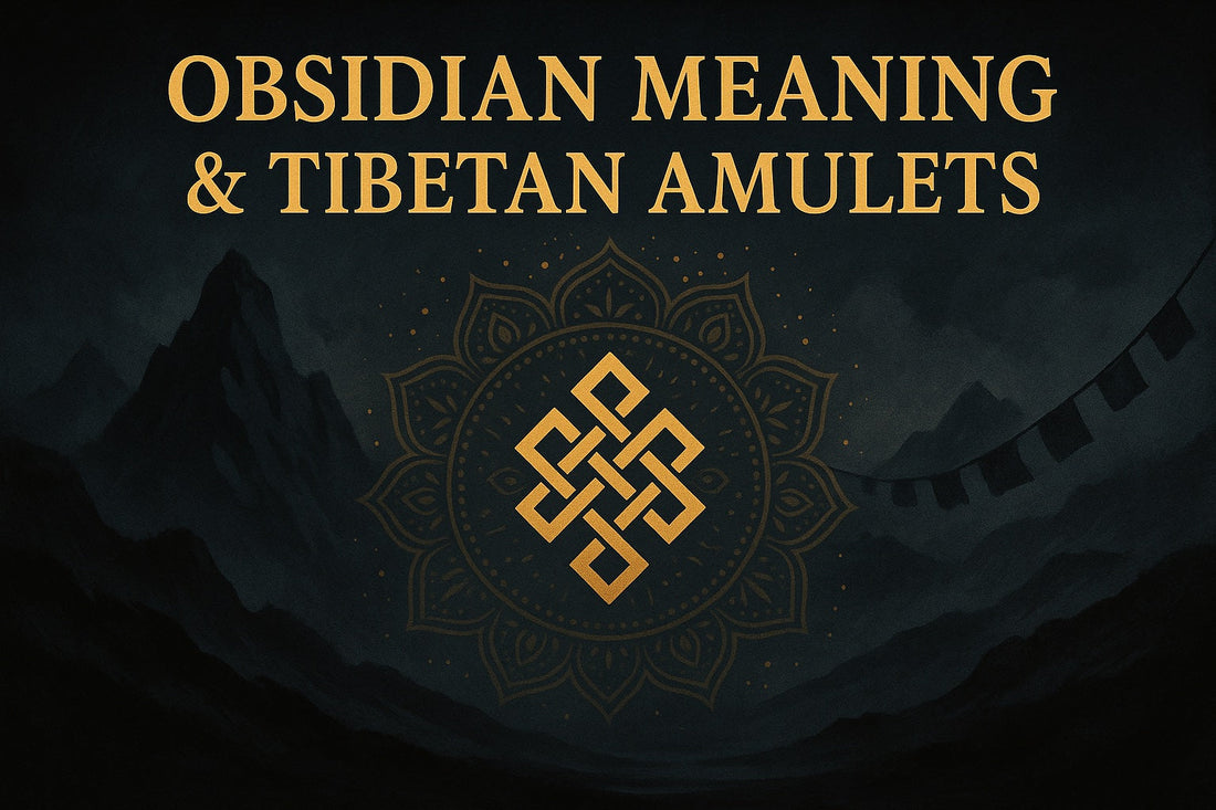 Digital illustration of obsidian meaning and Tibetan amulets, featuring a carved obsidian Buddha pendant with mandala backdrop and golden accents
