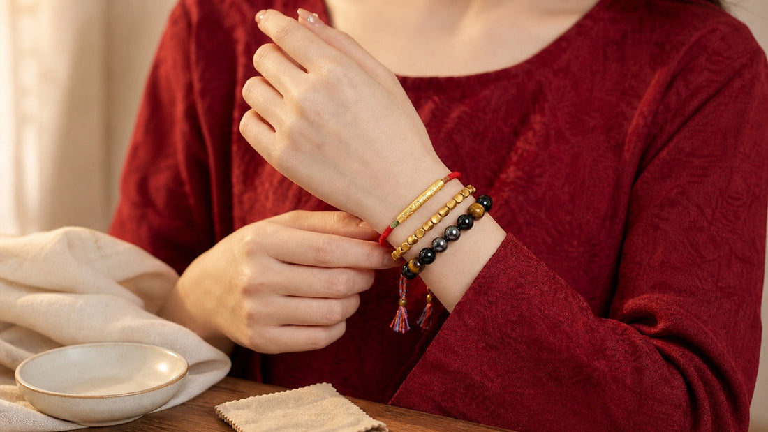Protection bracelets in red string, gold-tone metal and black stone beside a soft cleaning cloth