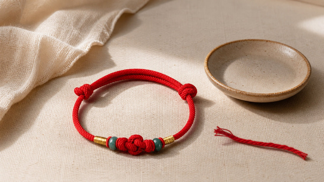 Intact red string jade bracelet beside a separate frayed red cord and ceramic keepsake dish