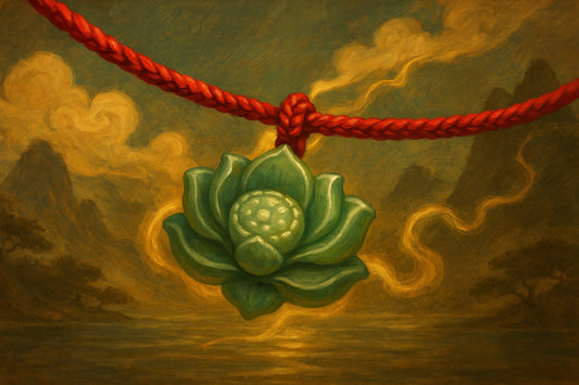 Traditional thick-painted digital art of a green jade lotus pendant hanging from a red string, set against golden clouds and misty mountains in an Eastern mystical style