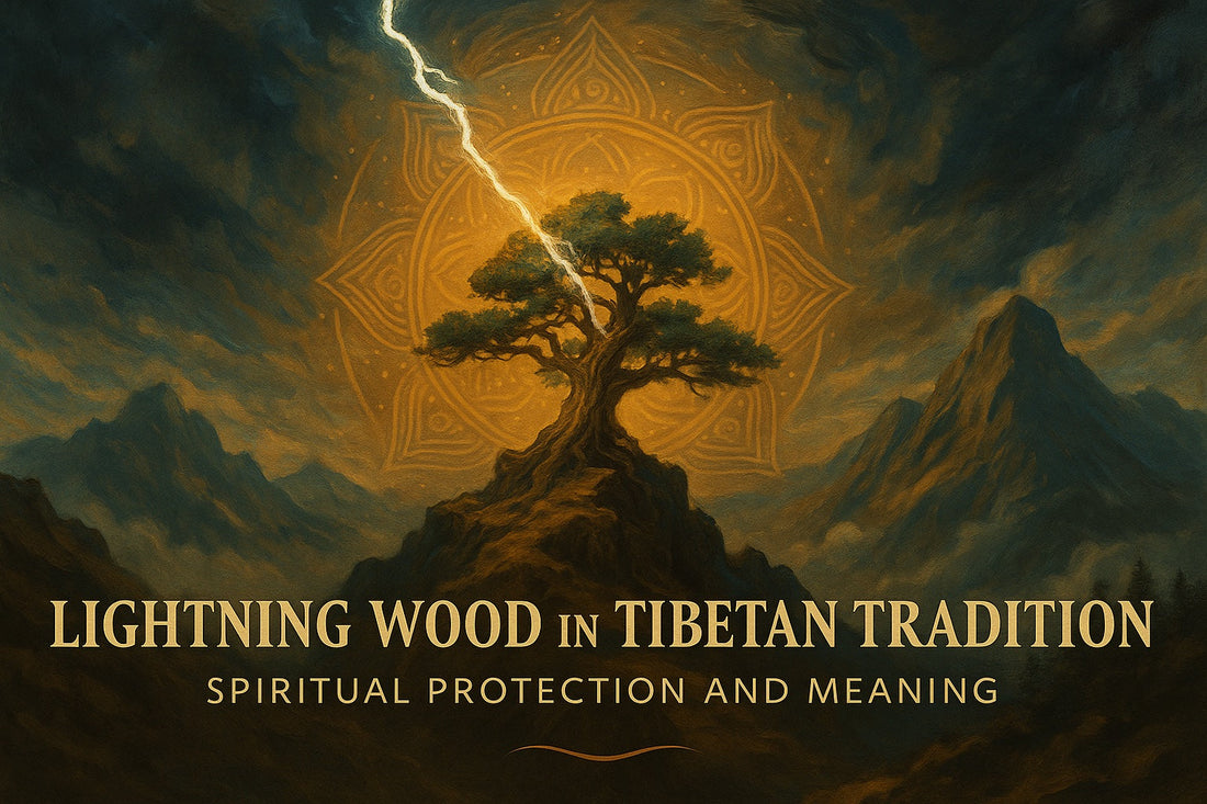 Traditional Tibetan-inspired painting featuring mystical lightning wood symbolism, sacred Himalayan landscapes, and spiritual protection energy in an oriental thick-paint style