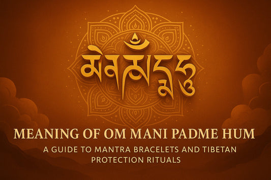 Thick-painted mystical Eastern illustration depicting Tibetan mountains and temples, symbolizing the spiritual meaning and protective power of the mantra Om Mani Padme Hum