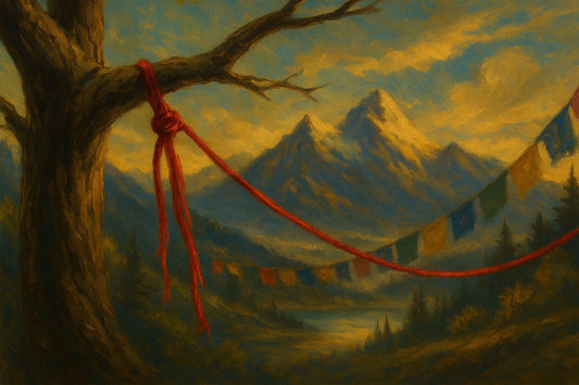 Tibetan red string tied to a tree branch with prayer flags in a golden-lit Himalayan mountain landscape, oil painting style.