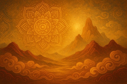 A digital thick-painted Tibetan-inspired landscape in golden hues, featuring a glowing mandala in the sky, swirling clouds, and layered mountains, evoking an aura of mystical Eastern serenity.