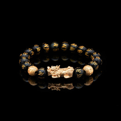 Feng Shui Pixiu Black Obsidian Bracelet — detail closeup
