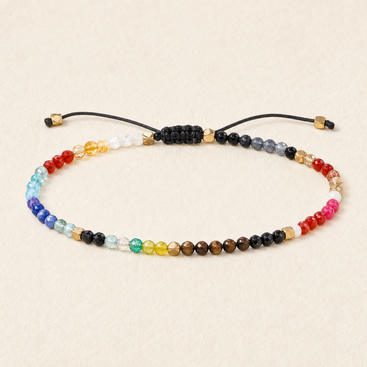 Multicolour adjustable faceted bead bracelet with black braided sliding knot