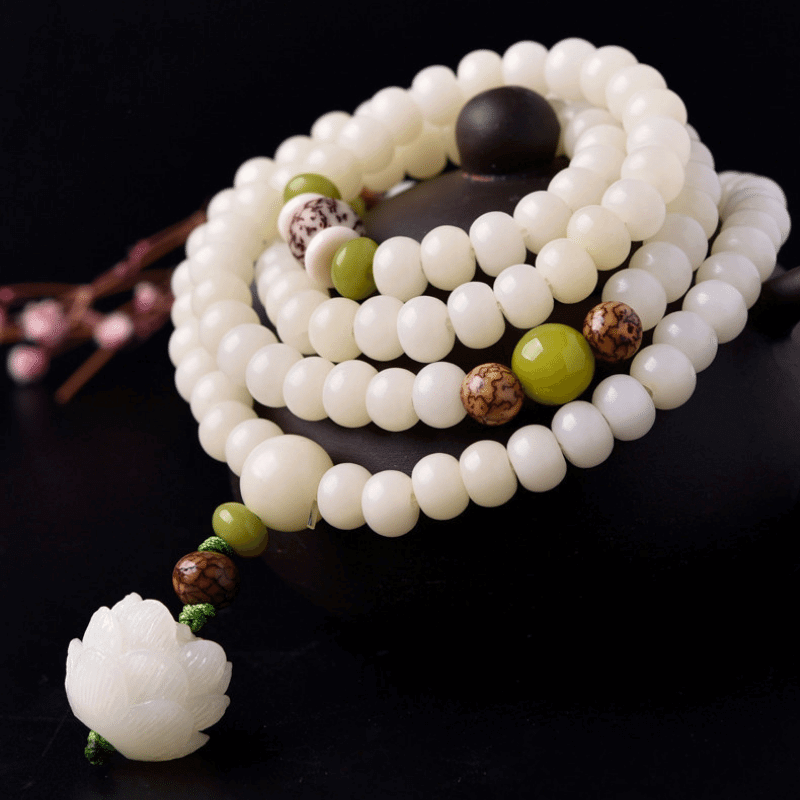 White Jade Bodhi Seed Mala - 108 Beads Bracelet/Necklace with Bodhi, Jade — Buddha Bloom