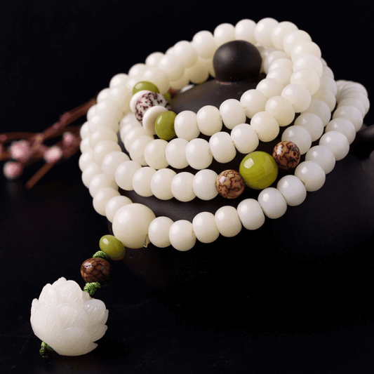 White Jade Bodhi Seed Mala - 108 Beads Bracelet/Necklace with Bodhi, Jade — Buddha Bloom