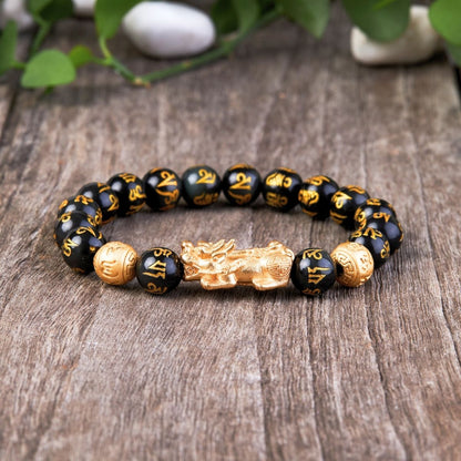 Feng Shui Pixiu Black Obsidian Bracelet — material and bead closeup