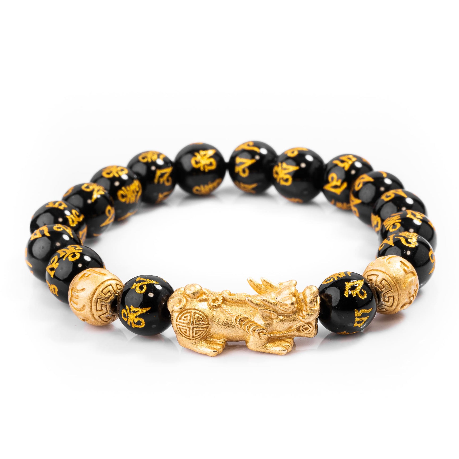 Feng Shui Pixiu Black Obsidian Bracelet — worn on wrist for scale