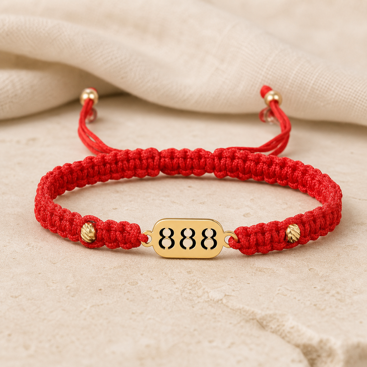 888 Angel Number Bracelet straight-on detail with red cord and gold 888 plate
