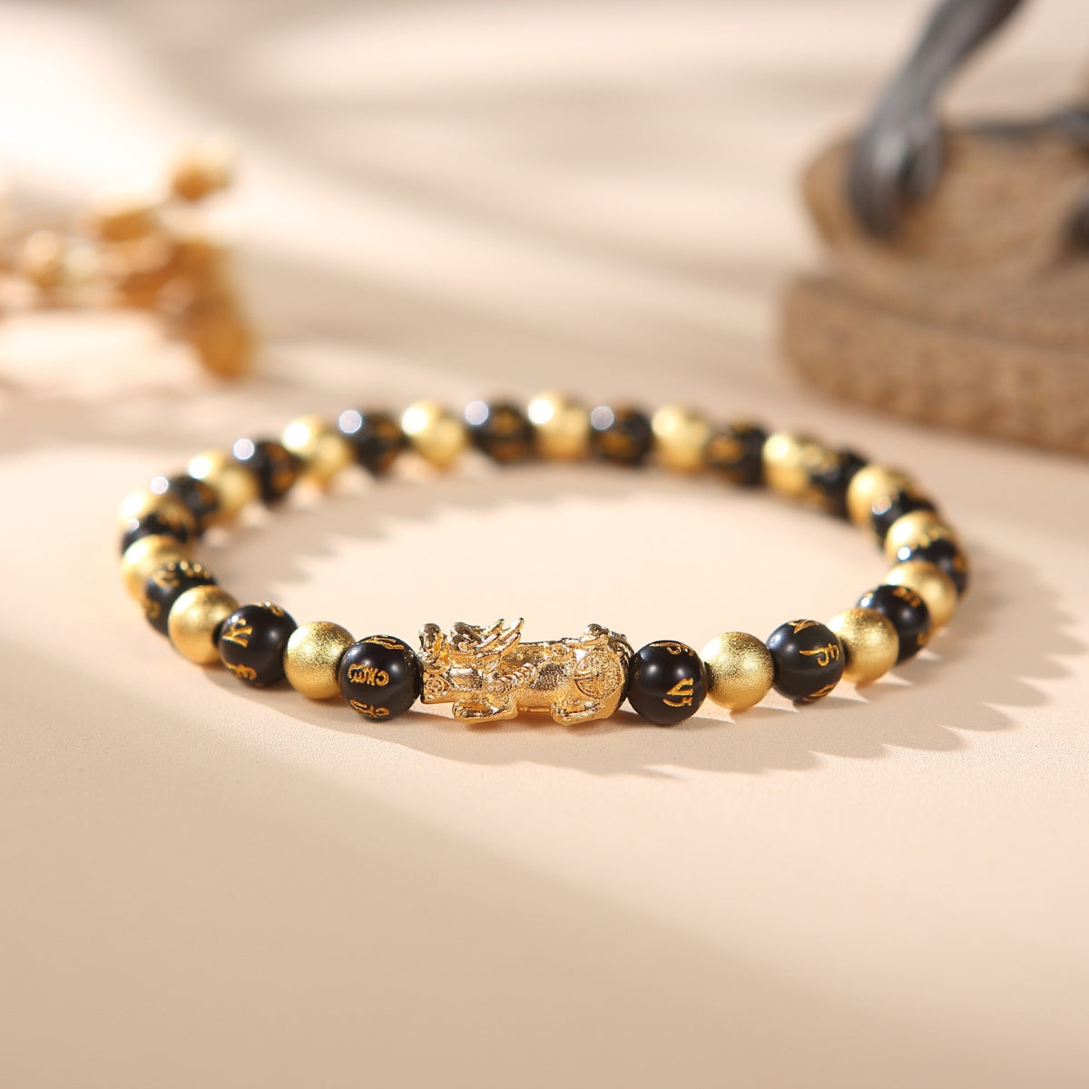 Black and Gold Feng Shui Beads Pixiu Charm with Obsidian — Buddha Bloom