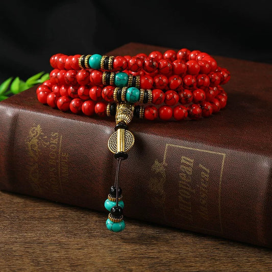 🔴 Buddha Bloom | Tibetan Red & Turquoise Protection Mala