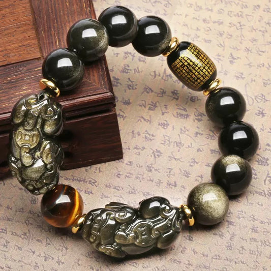 🪙 | Buddha Bloom | Natural Gold Obsidian Double Pixiu Bracelet