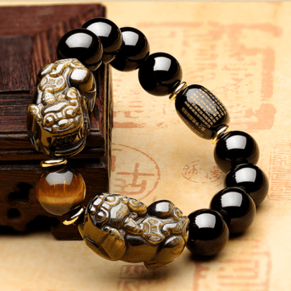 Natural Gold Obsidian Double Pixiu Bracelet with Obsidian, Tiger — Buddha Bloom