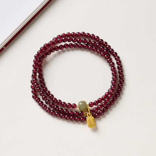 Exclusive: Red Garnet Beads Fu Wealth Bracelet with Jade — Buddha Bloom