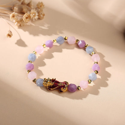 The Prosperity Bracelet - Amethyst, Aquamarine, Rose Quartz Pixiu with Amethyst, Quartz — Buddha Bloom
