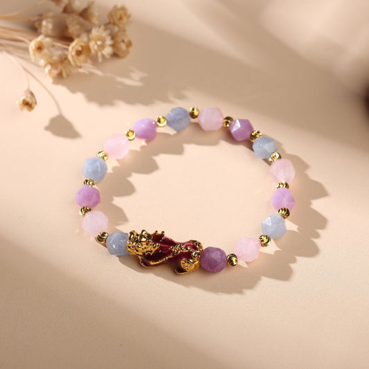 The Prosperity Bracelet - Amethyst, Aquamarine, Rose Quartz Pixiu with Amethyst, Quartz — Buddha Bloom