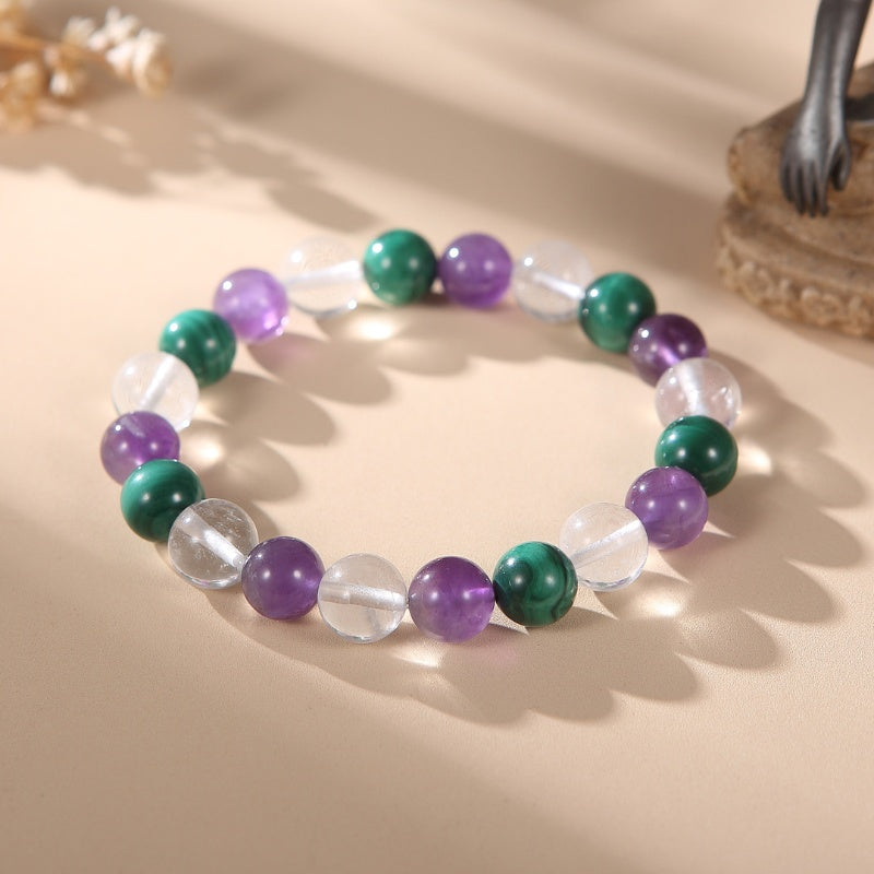 Triple Healing Bracelet – Amethyst, Malachite, Clear Quartz with Amethyst, Quartz — Buddha Bloom