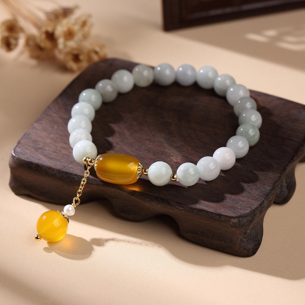 White Jade Longevity Bracelet with Agate, Jade — Buddha Bloom