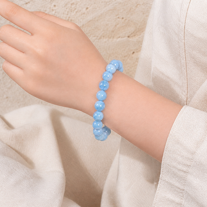 Aquamarine bracelet worn on a wrist