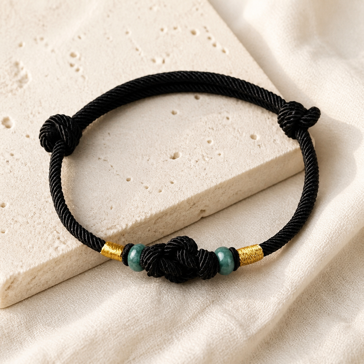 Black string jade bracelet with woven knot on ivory linen