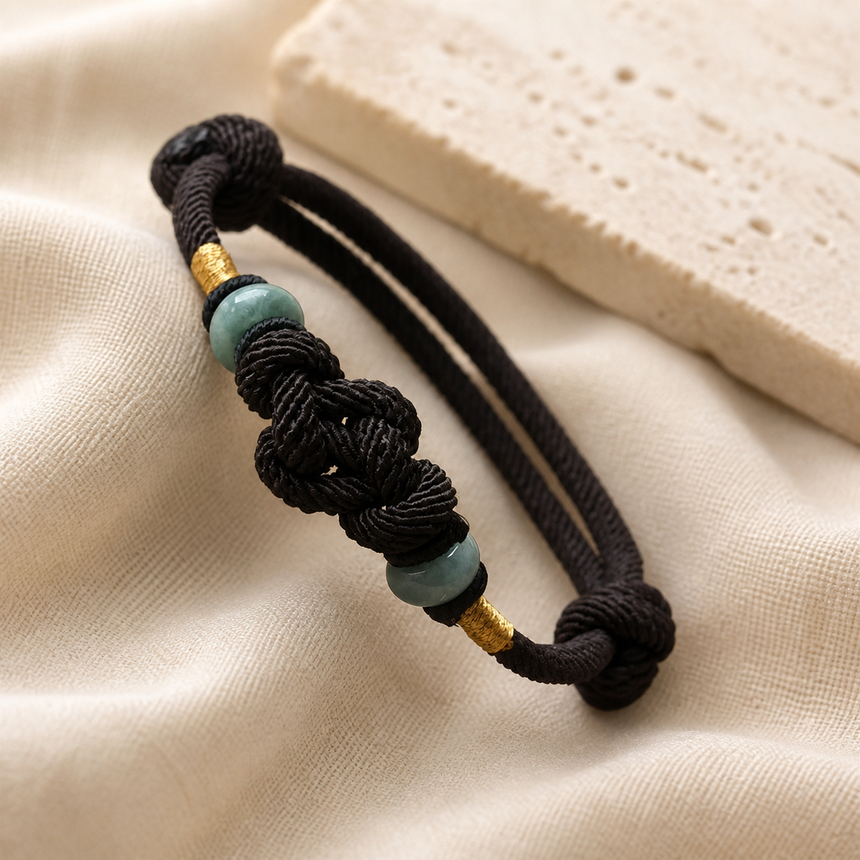 Black string jade bracelet knot and bead detail