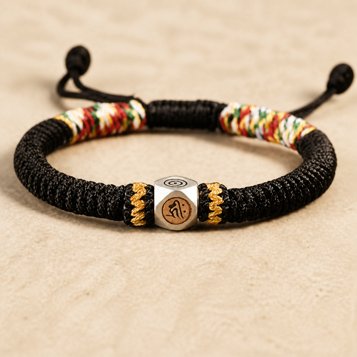 Black Chinese zodiac guardian rope bracelet with multicolor woven detail